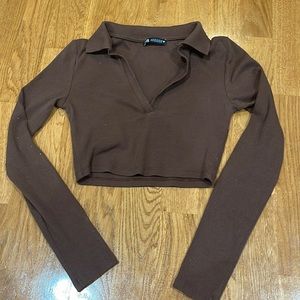 Brown collared long sleeve crop top